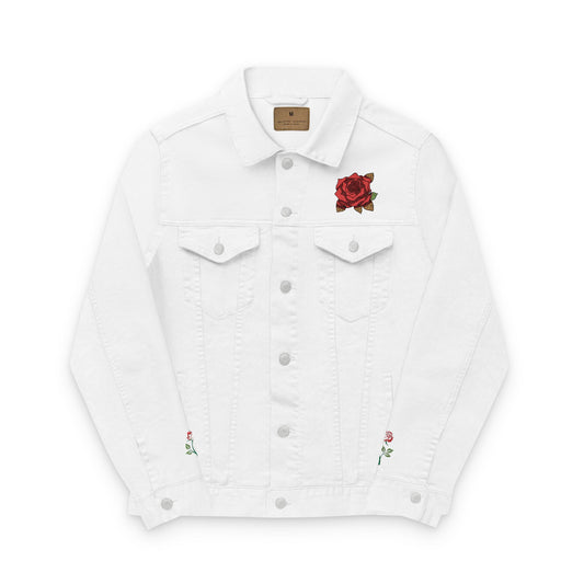 Embroidered Rose Unisex Denim Jacket - Stylish White Outerwear